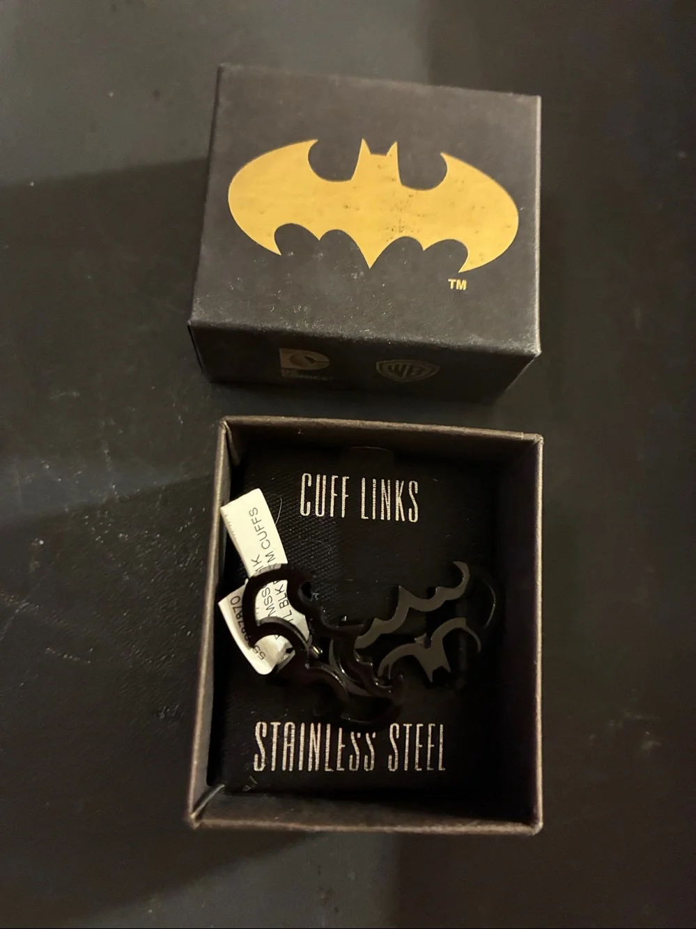 Black Bat Wings Steel Cuff Links.DC Comics Black Box with Gold DC and WB Logos